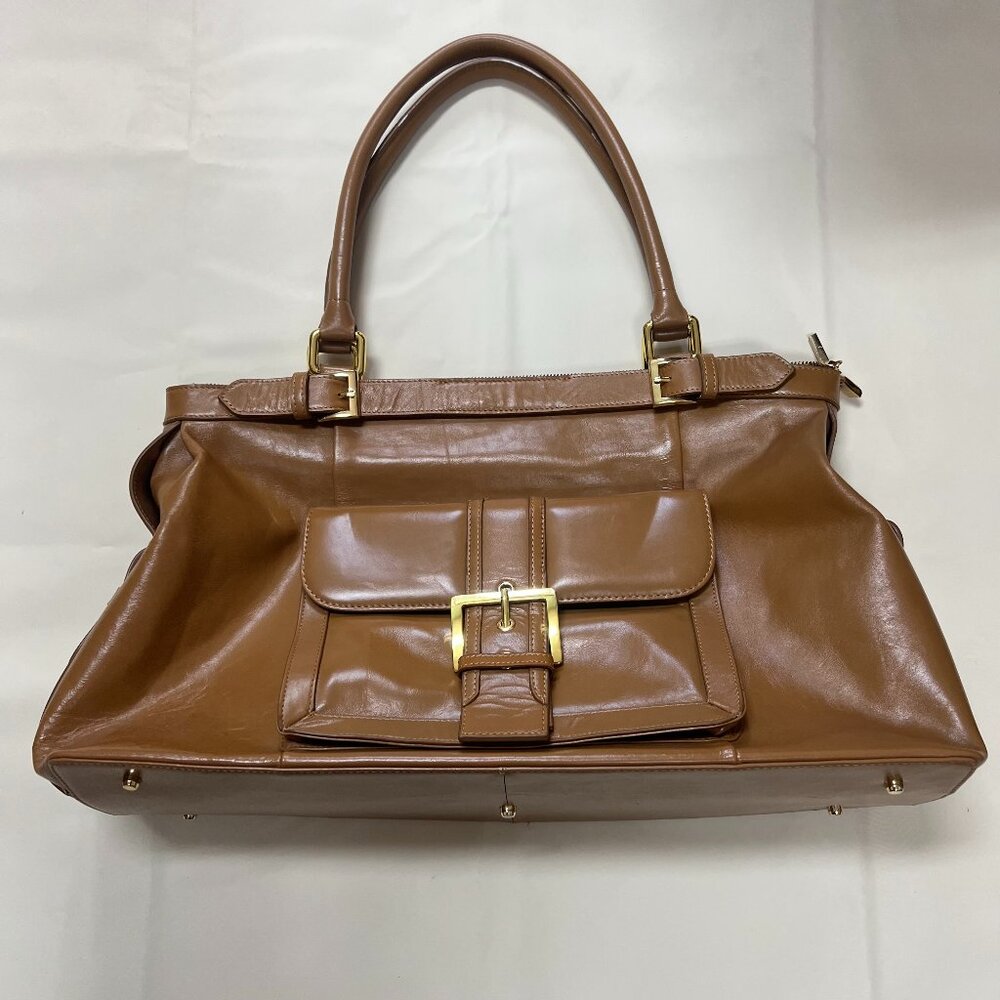 Y2K The Find caramel Brown Leather Tote Satchel Bag Gold Buckle Flap Excellent